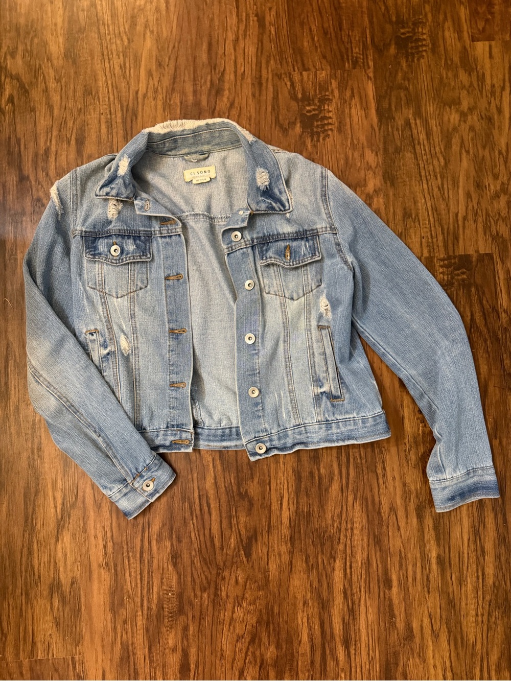 cloth & stone Light Blue Distressed Denim Trucker Jacket